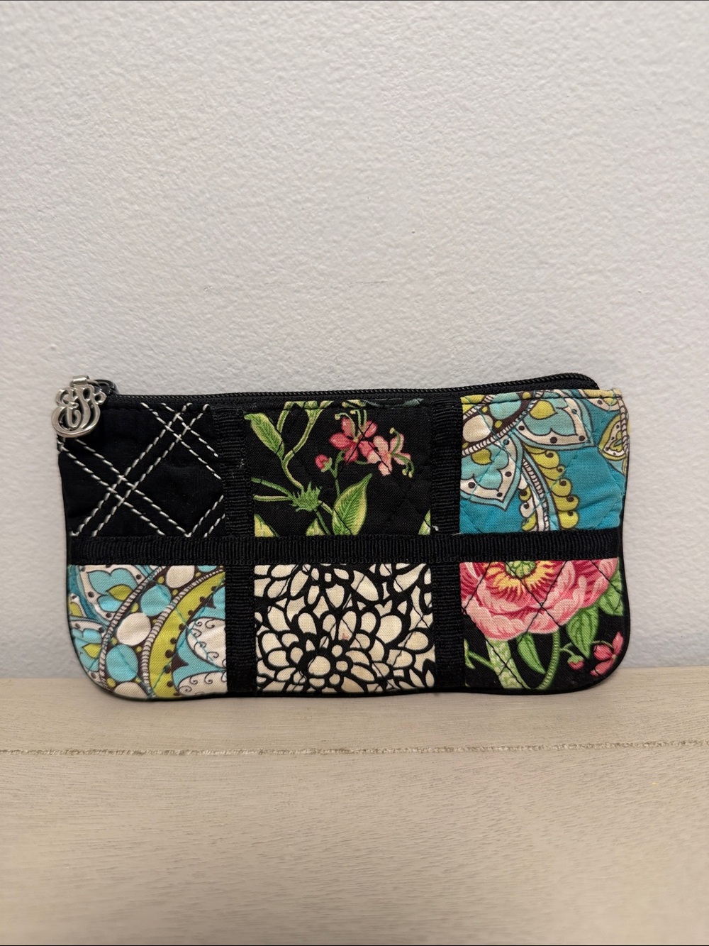 Vera Bradley Patchwork Quilted Zip Pouch Wristlet Wallet Floral Paisley Black